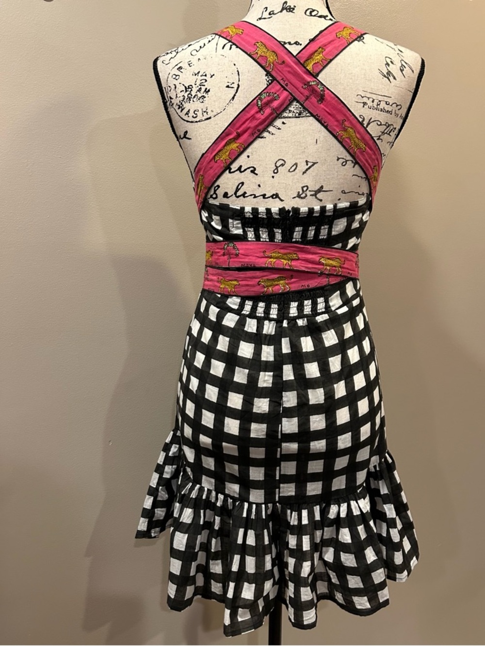 Mo Maya Luna Check and Leopard Print Strap Square Neckline Sleeveless Mini Dress - Picture 14 of 16